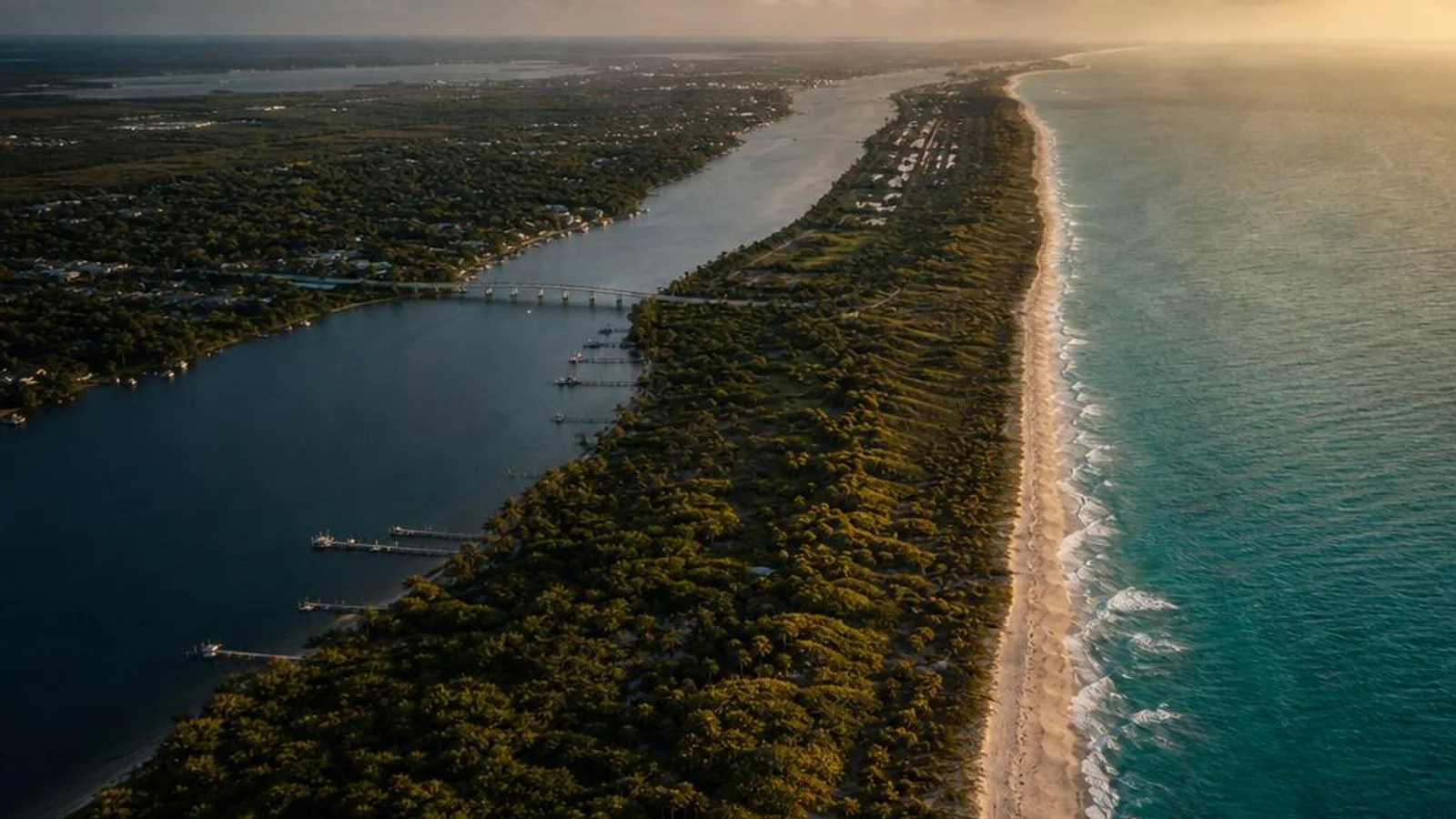 Aerial view of Hobe Sound Florida with Jupiter Island barrier island, pristine Atlantic beaches, and Jonathan Dickinson State Park, representing professional web design for Martin County businesses
