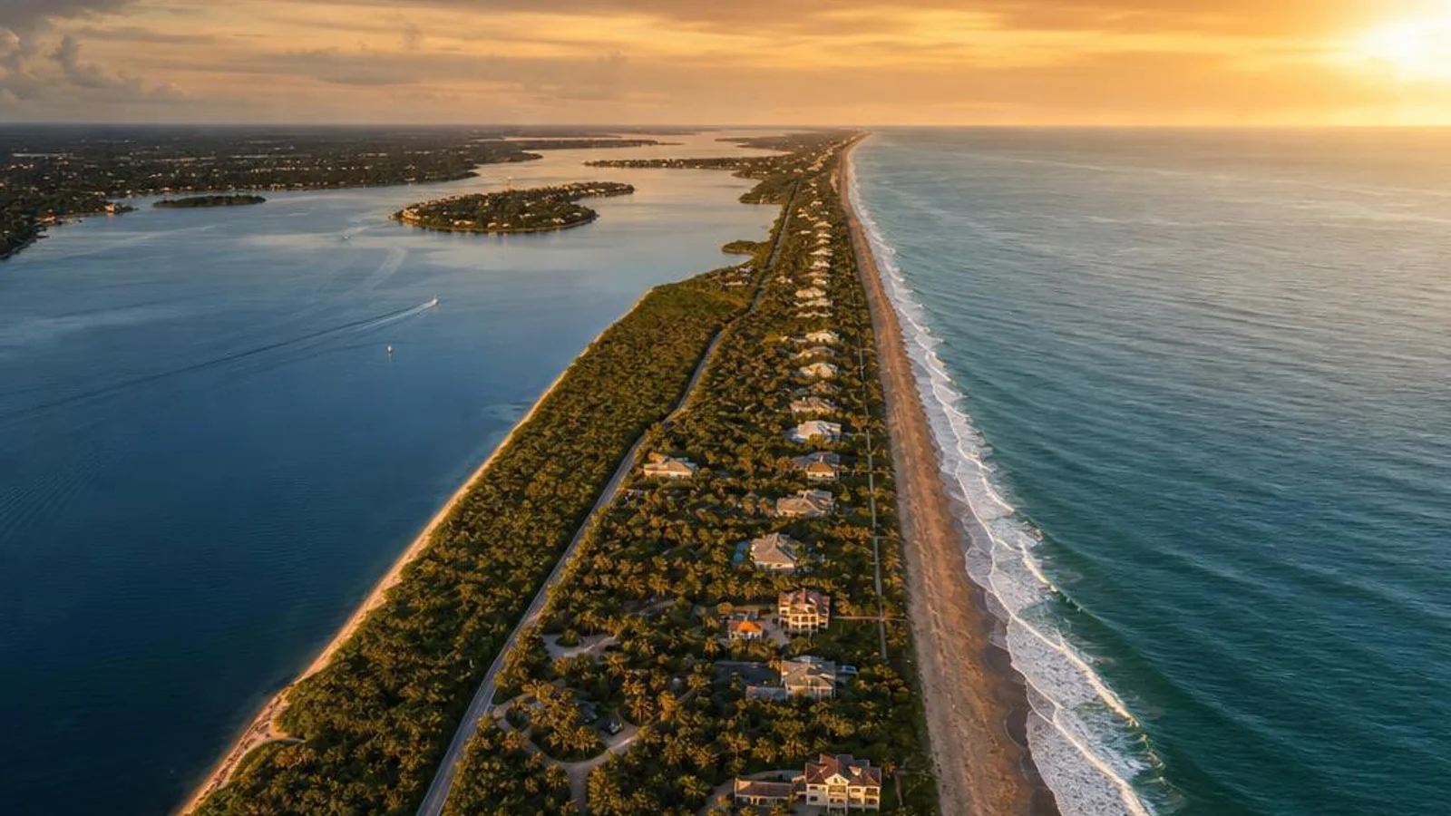Aerial view of Hutchinson Island Florida barrier island with turquoise Atlantic Ocean and Indian River Lagoon, representing professional web design and local SEO services for Martin County businesses