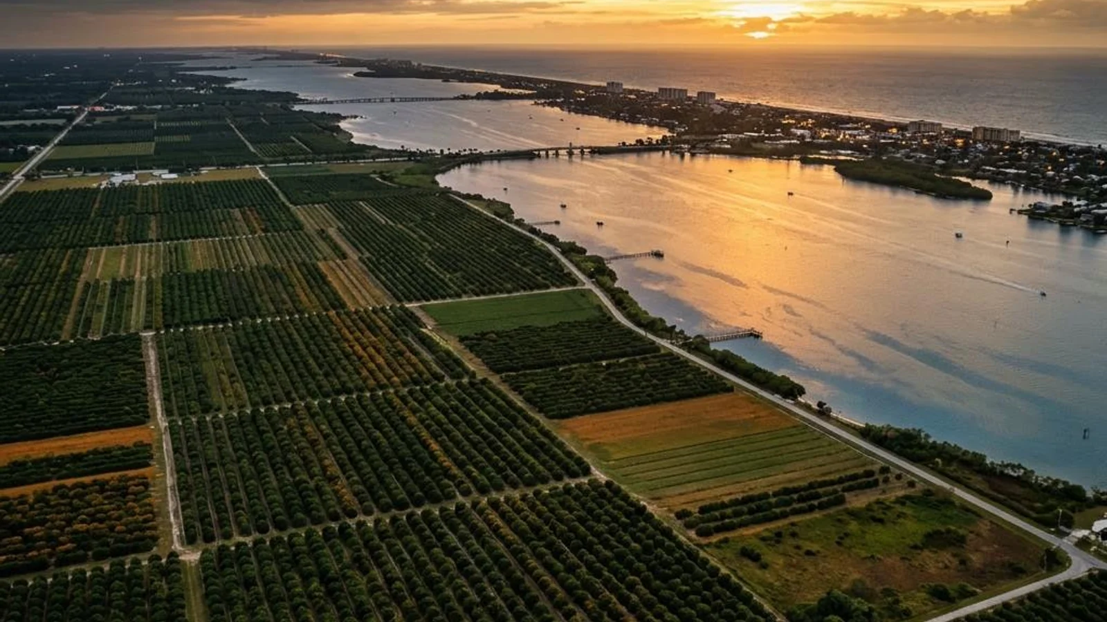 Aerial view of Indian River County Florida showing citrus groves, agricultural fields, and the Indian River Lagoon at golden hour, representing professional web design and local SEO services for Vero Beach and Sebastian businesses