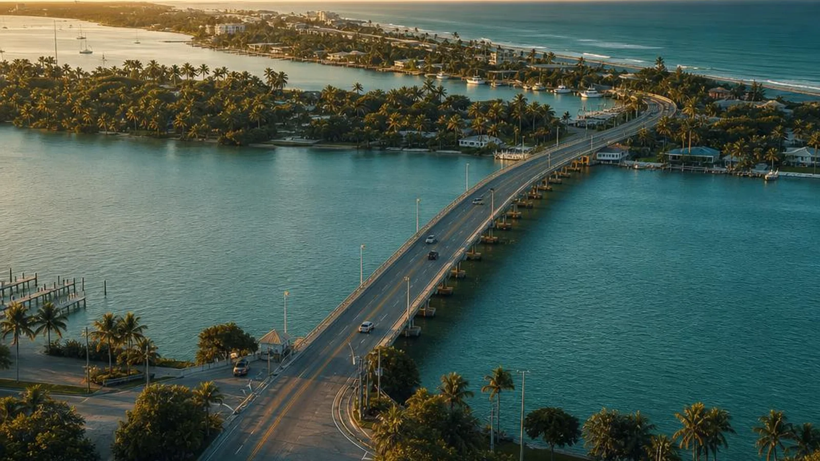 Aerial view of Jensen Beach Florida and the Jensen Beach Causeway crossing the Indian River Lagoon to the Atlantic coast, representing professional web design and local SEO services for Martin County businesses