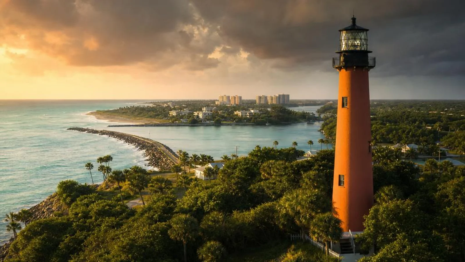 Aerial view of Jupiter Florida coastline with the historic Jupiter Inlet Lighthouse above the turquoise Atlantic Ocean and Loxahatchee River, representing professional web design and local SEO services for Palm Beach County businesses