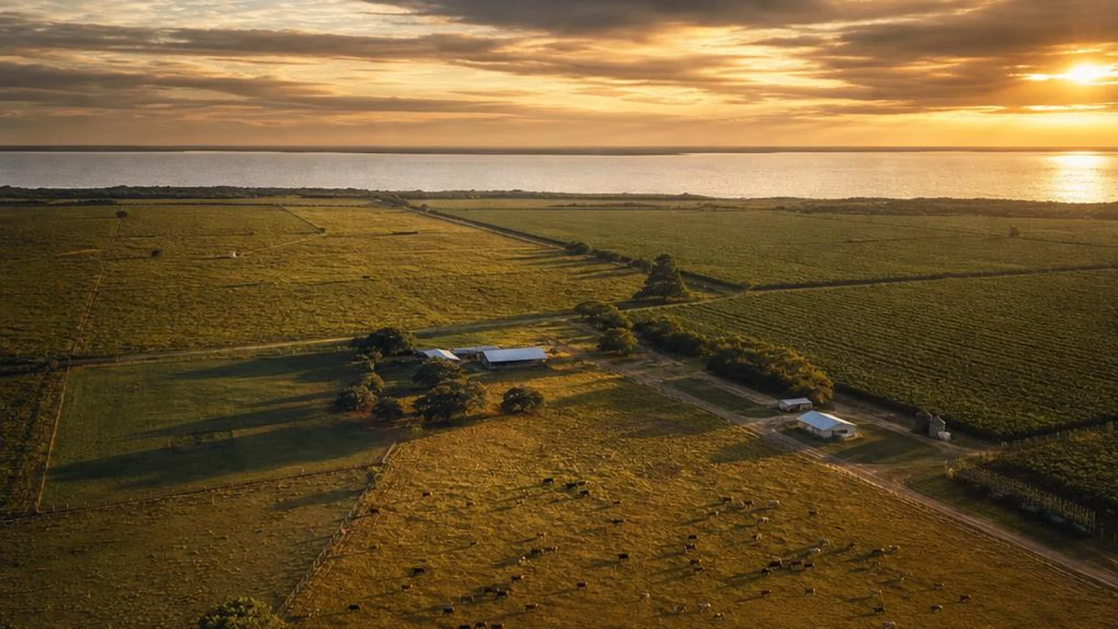 Aerial view of Okeechobee County Florida cattle ranchlands and agricultural fields stretching to Lake Okeechobee at golden hour, representing professional web design and digital marketing for agricultural businesses