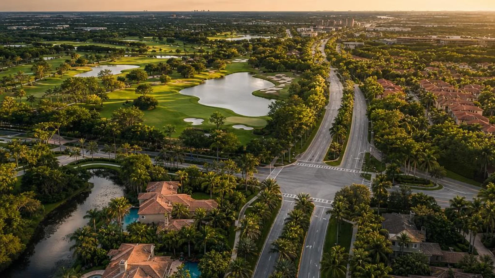 Aerial view of Palm Beach Gardens Florida with lush tropical landscaping and upscale neighborhoods along PGA Boulevard in Palm Beach County, representing professional web design and e-commerce services for Palm Beach Gardens businesses
