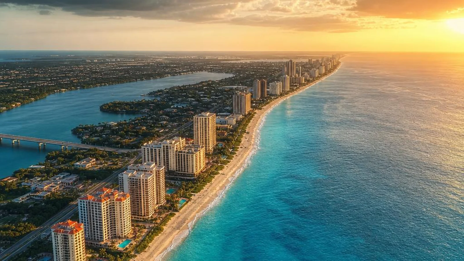 Aerial panoramic view of the South Florida coastline with turquoise Atlantic waters and barrier island cities from Miami to Palm Beach, representing professional web design and digital marketing services for South Florida businesses