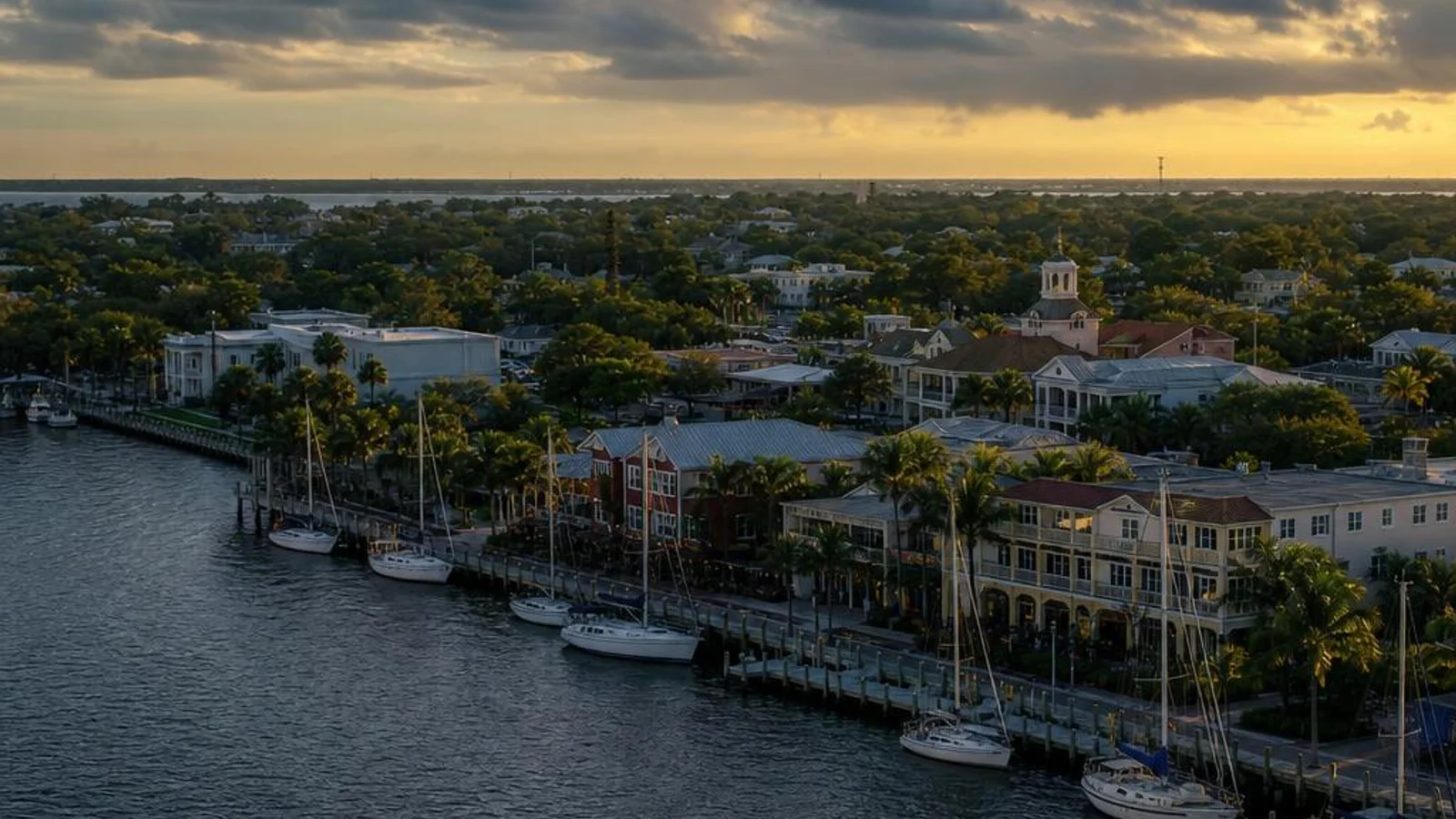 Aerial view of downtown Stuart Florida along the picturesque St. Lucie River, Martin County's coastal downtown district known as the Sailfish Capital of the World, representing professional web design for Stuart businesses