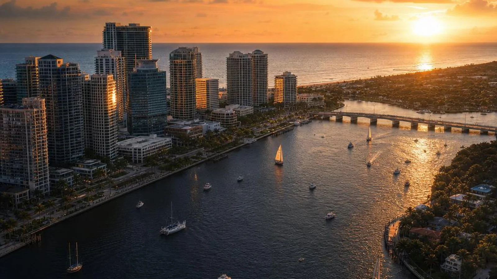 Aerial view of downtown West Palm Beach Florida's skyline reflected in the Intracoastal Waterway with Palm Beach Island in the background, representing professional web design and SEO services for Palm Beach County businesses